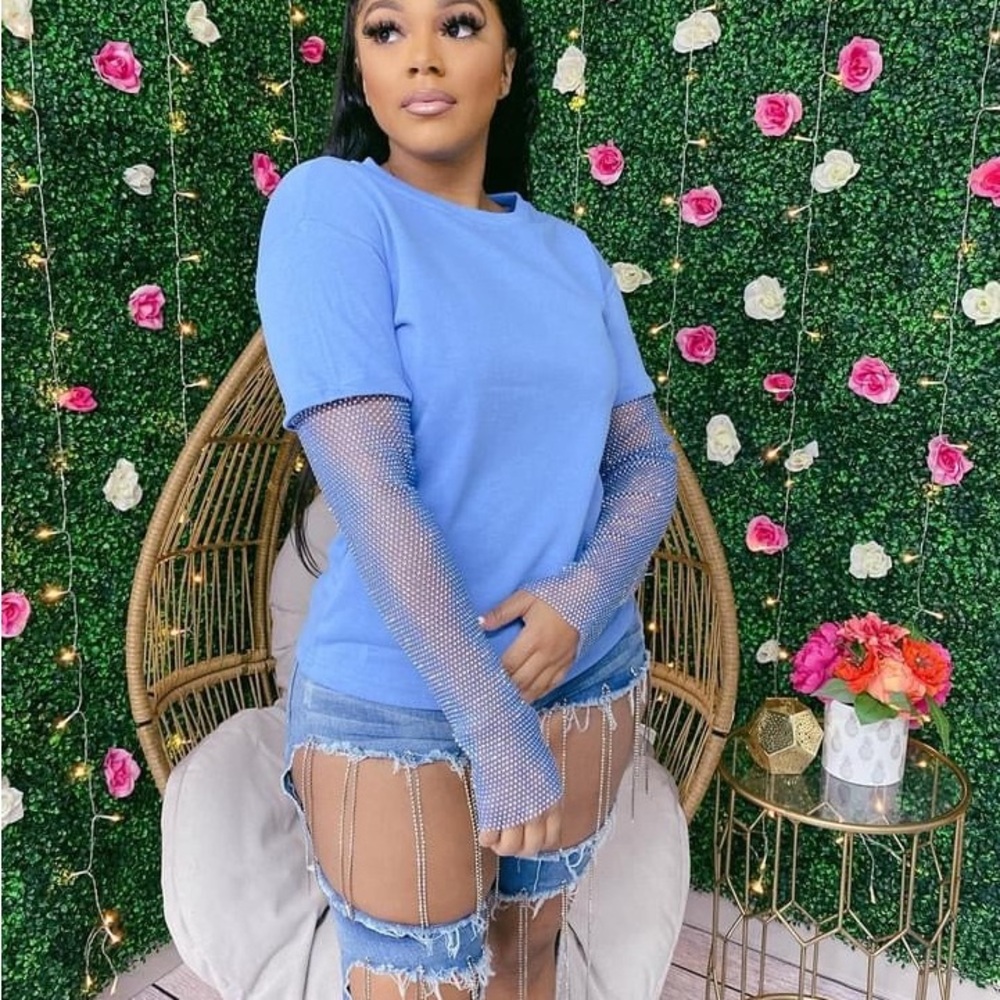 Blue Mesh Sleeve Women's Top